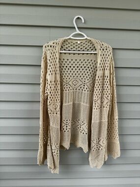 Open-Front Crochet Cardigan With Tie - Cream